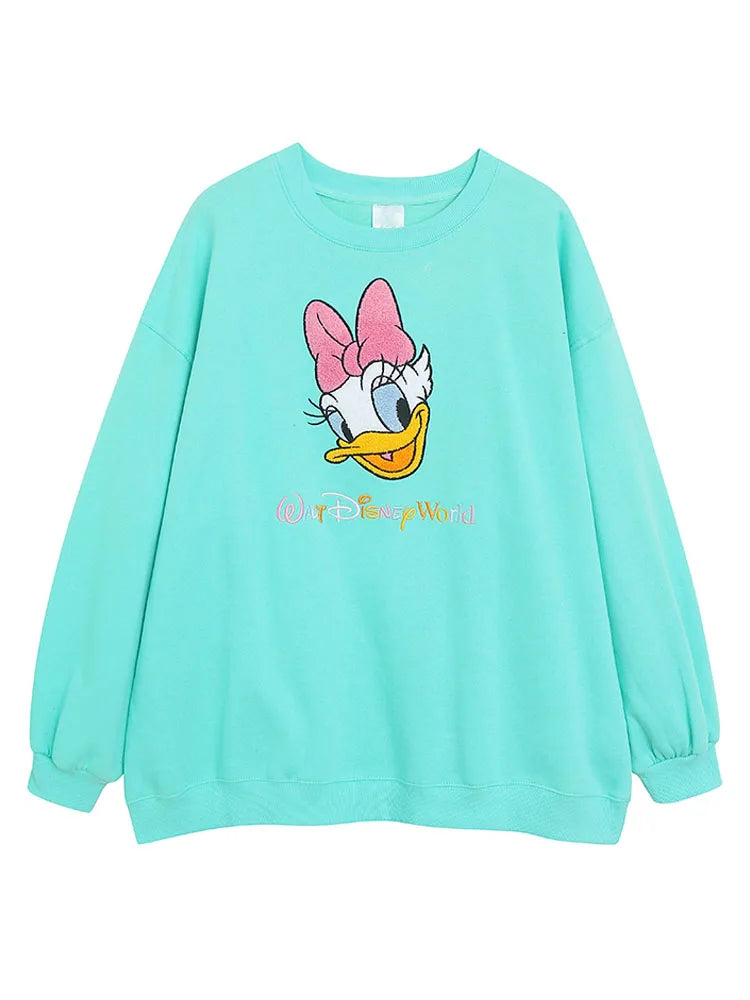 Disney World Disneyland Embroidery Sweatshirt Women Casual Fleece Jumper Mickey Daisy Duck Cartoon Loose Pullover Top O Neck
