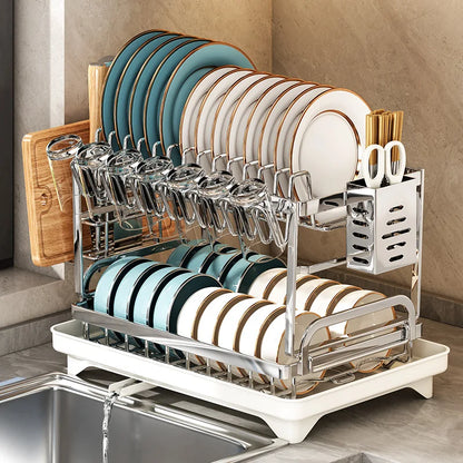 Dish Drying Rack - 2 Tier Stainless Steel Over Sink Shelf with Utensil Holder