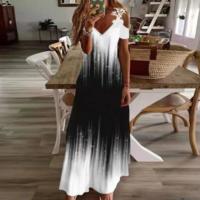Women's Summer Dress - Sleeveless Printed White Lace Floor-Length Suspender Dress