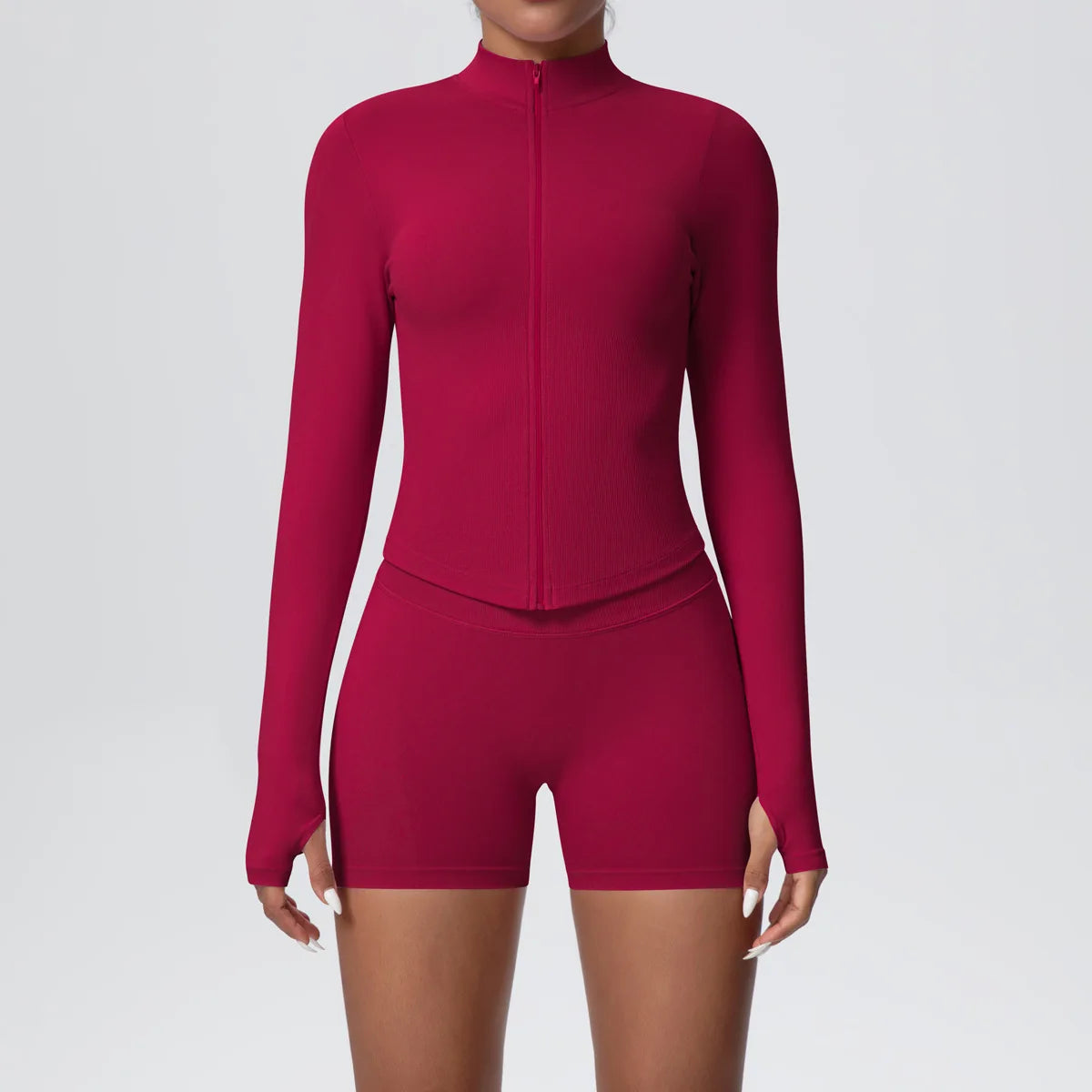 Women Gym Set - Seamless Yoga Suit With Zip Shirt & Cycling Shorts Activewear