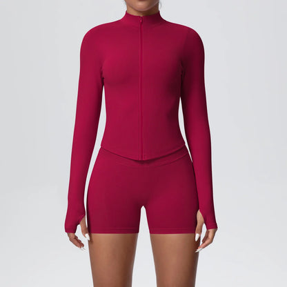 Women Gym Set - Seamless Yoga Suit With Zip Shirt & Cycling Shorts Activewear