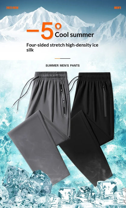 Men's Ice Silk Casual Pants Summer Quick Dry Lightweight Joggers with Zipper Pockets Elastic Waist Sports Trousers for Running F