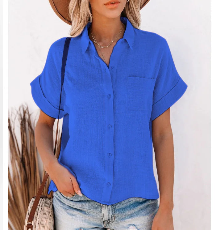 New Fashion Cotton Linen Women's Shirts Casual Loose Short Sleeve Women Blouses Button Up Summer Woman Tops Clothes