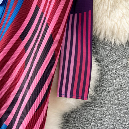 Miyake Pleated Drape Dress Women 2024 Spring Summer Colorblock Printing Lapel 3/4 Sleeve Single-breasted Fashion Shirt Dresses