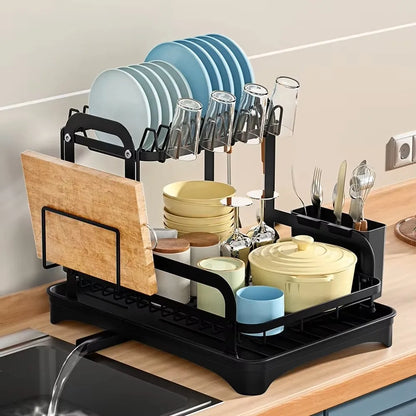 Dish Drying Rack - 2 Tier Kitchen Sink Organizer with Retractable Drain System