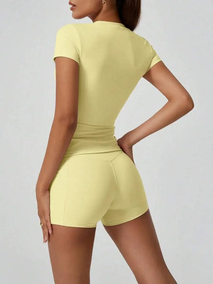 Women's Sweet Sports Short Sleeve High Waist Tummy Control Butt Lifting Shorts Set