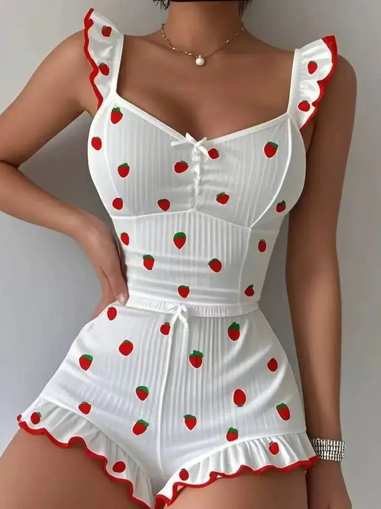 Women's Strawberry Print Ribbed Pajama Set - Ruffle Trim Cami Top & Shorts 2 Piece Sleepwear Loungewear