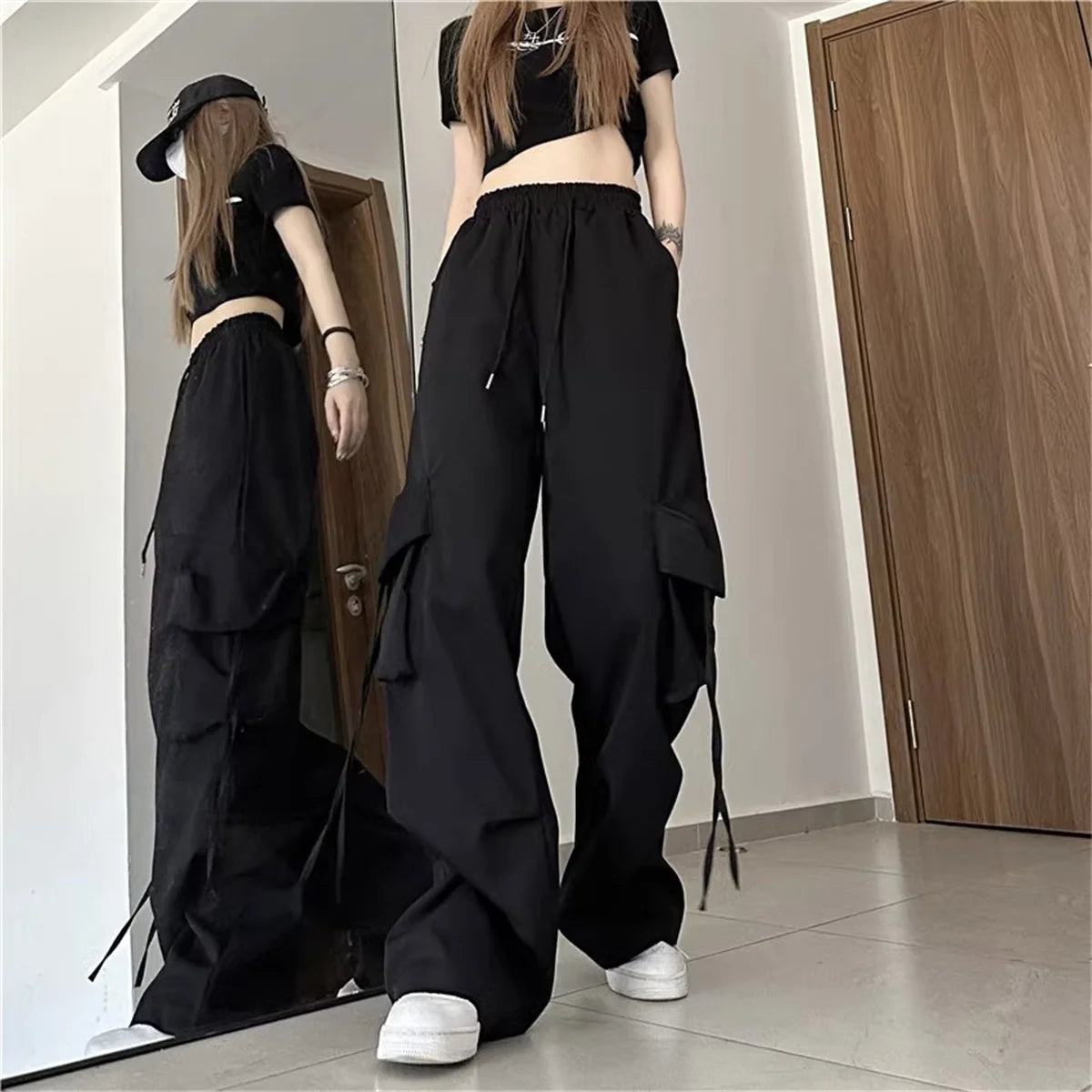 Plus Size Women Cargo Pants High Waist Solid Fashion Street Pant Vintage Drawstring Pocket Trousers Loose Casual Joggers Clothes