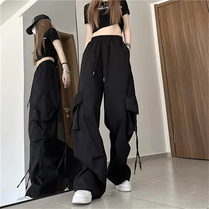 Plus Size Women Cargo Pants High Waist Solid Fashion Street Pant Vintage Drawstring Pocket Trousers Loose Casual Joggers Clothes