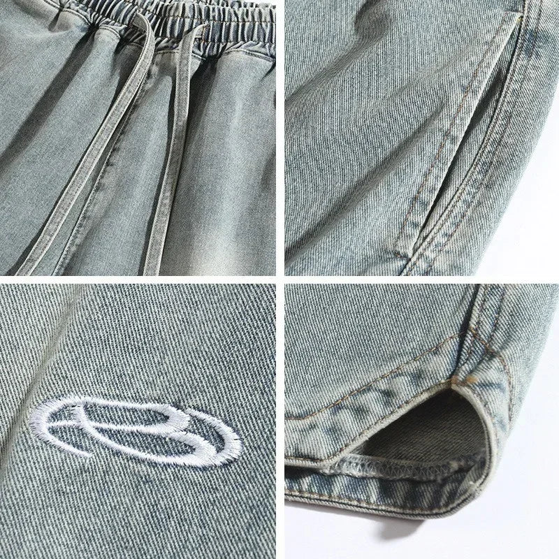 Baggy Denim Shorts - Men's Summer Casual Streetwear With Embroidery & Elastic Waist