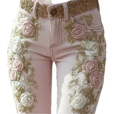 Spring Autumn New Women's High Waist Rose Embroidery Beaded Denim Pants Versatile Comfortable Casual Trendy Commuting Daily Wear
