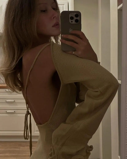 Elegant Knitted Maxi Dress - Backless Flare Sleeve Sweater Outfit for Women