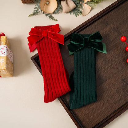 Kids Christmas Girls Socks Autumn Winter Toddlers Red Bowknot Baby Knee High Long Sock Soft Cotton Children Socken For 0-5 Years