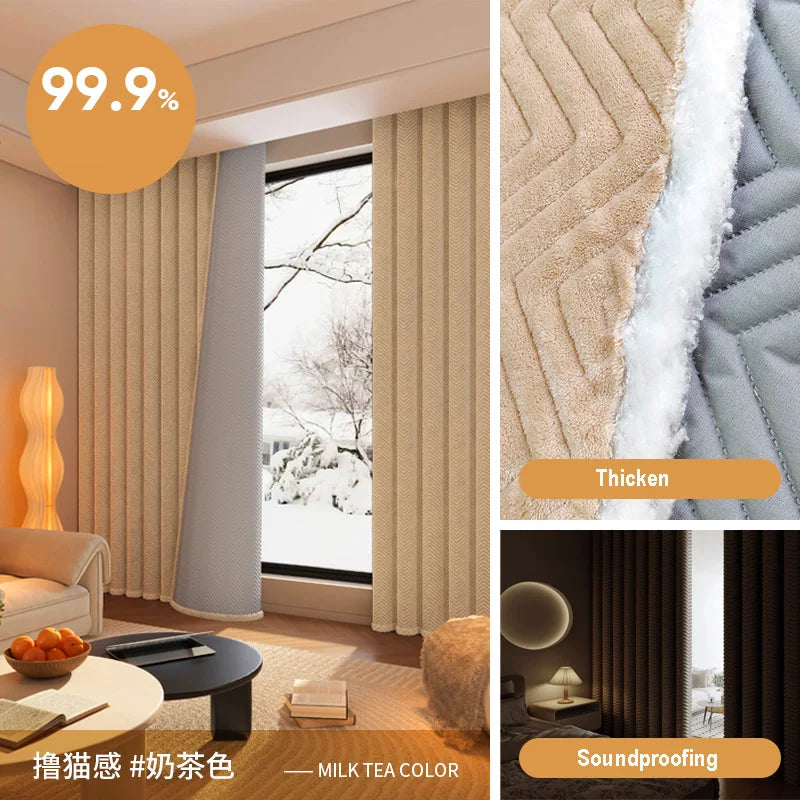 Soundproof Blackout Curtain - Windproof Velvet Fabric Window Drapes for Living Room