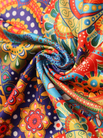 Women's Printed A-Line Dress – Long-Sleeve V-Neck Ruffle Summer Dress