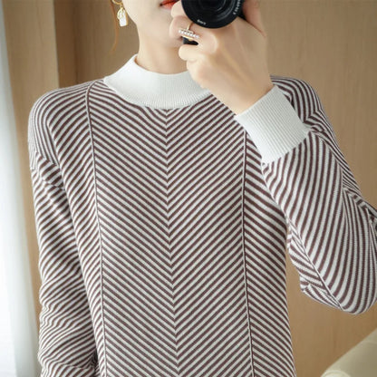 Women's autumn and winter 100% pure cotton knitted semi high neck pullover casual striped warm sweater fashionable hot selling