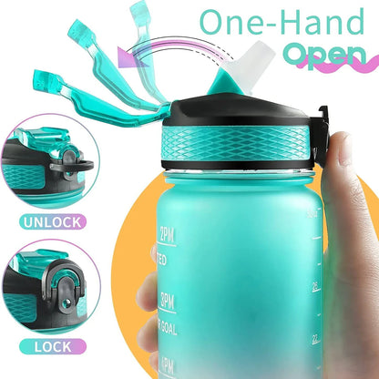 1L Sports Water Bottle with Straw and Time Marker Plastic Motivational Water Bottle Drinking Bottle Leakproof for Fitness Gym