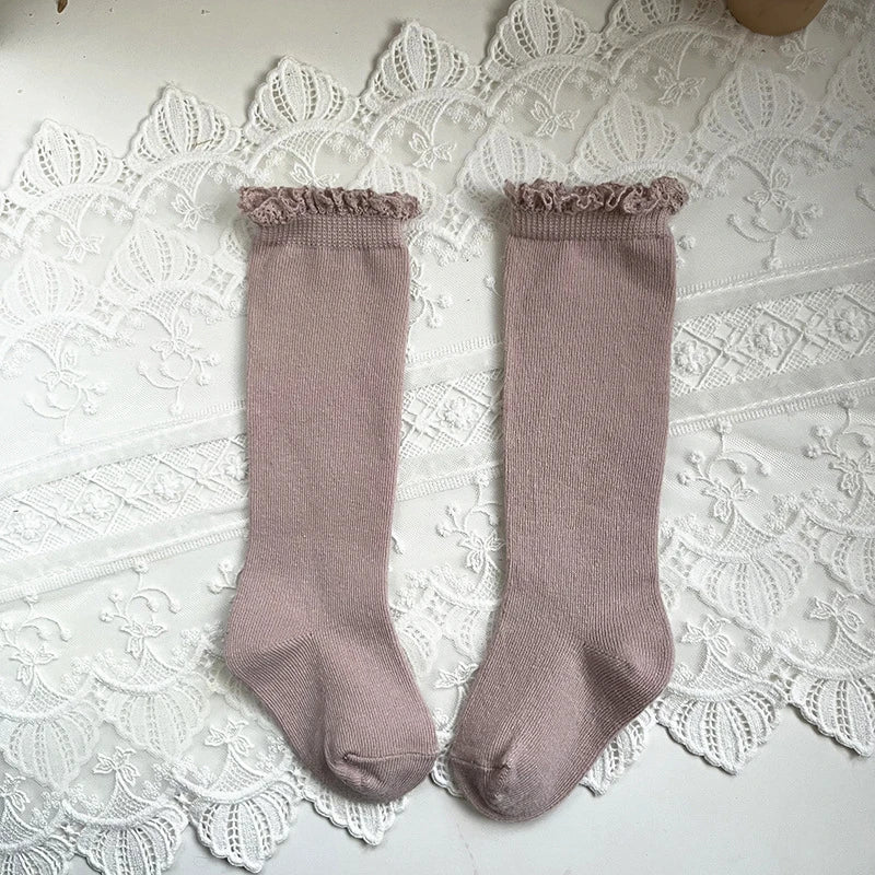 New Winter Autumn Baby Girls Knee High Socks Lace  Ruffle Long Sock Cotton Kids Toddlers Princess Christma Socken For 0-5Years