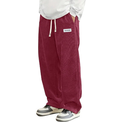 Autumn Mens Corduroy Casual Pants Fashion Loose Fit Pants Straight Sweatpants Elastic Waist Drawstring Outdoor Streetwear