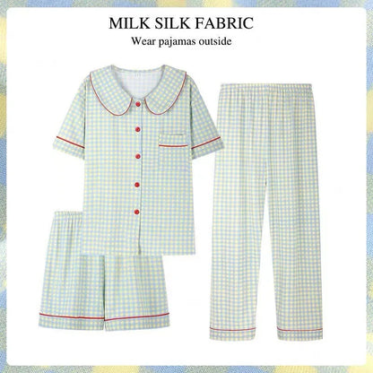 Plaid Short-Sleeve Pajama Set with Cardigan - Ladies Winter Sleepwear - ZOOMNSTORE