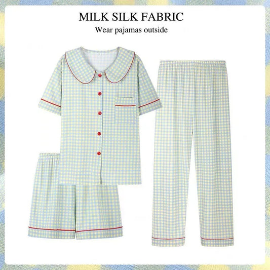 Plaid Short-Sleeve Pajama Set with Cardigan - Ladies Winter Sleepwear - ZOOMNSTORE