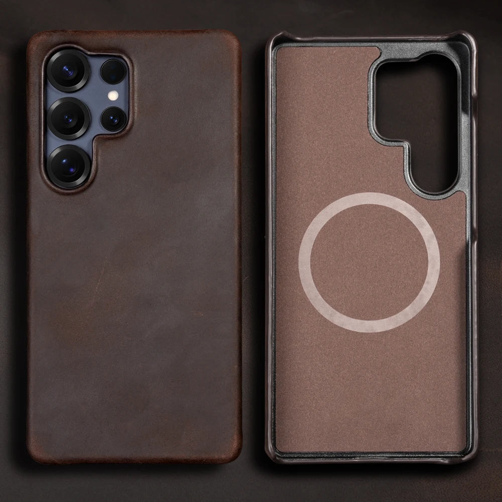 Samsung Leather Phone Case – Genuine Cowhide Magnetic Phone Cover for S24 S25 Ultra