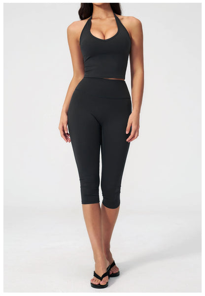 Women Tracksuit Yoga Set 2PCS Sports Set Short Sleeve Fitness Outfits Workout Clothes Running Capri Pants Gym Suit Athletic Wear