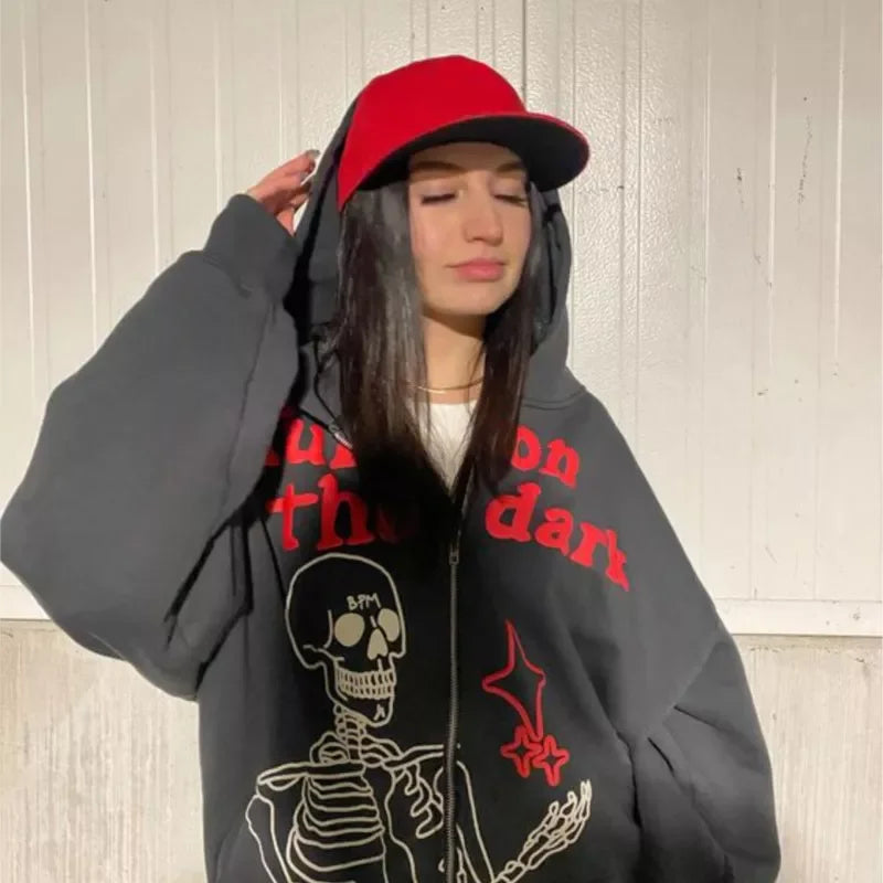 Y2K Rhinestone Cobweb Zip Up Oversized Sweatshirt 2022 Autumn Goth Hoodie Men Women Grunge Hooded Jacket Streetwear Y2K Clothing