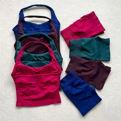 2PCs Peach High Waist Belly Hip Lifting Sports Bras Shorts Suit Gathering Shock-proof Neck Halter Yoga Suit Running Fitness Set