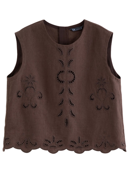 FSLE【Premium Series】Summer Women Linen Two Piece Set Cut-Out Embroidered Sleeveless Top Midi Skirt Boho Beach Vacation Style