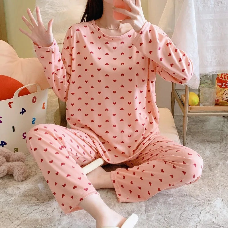 Pajamas Women Long Sleeve Pants Two-Piece Set Cute Sweet and Simple Student Homewear Crew Neck Pullover Long Pajamas Large Size