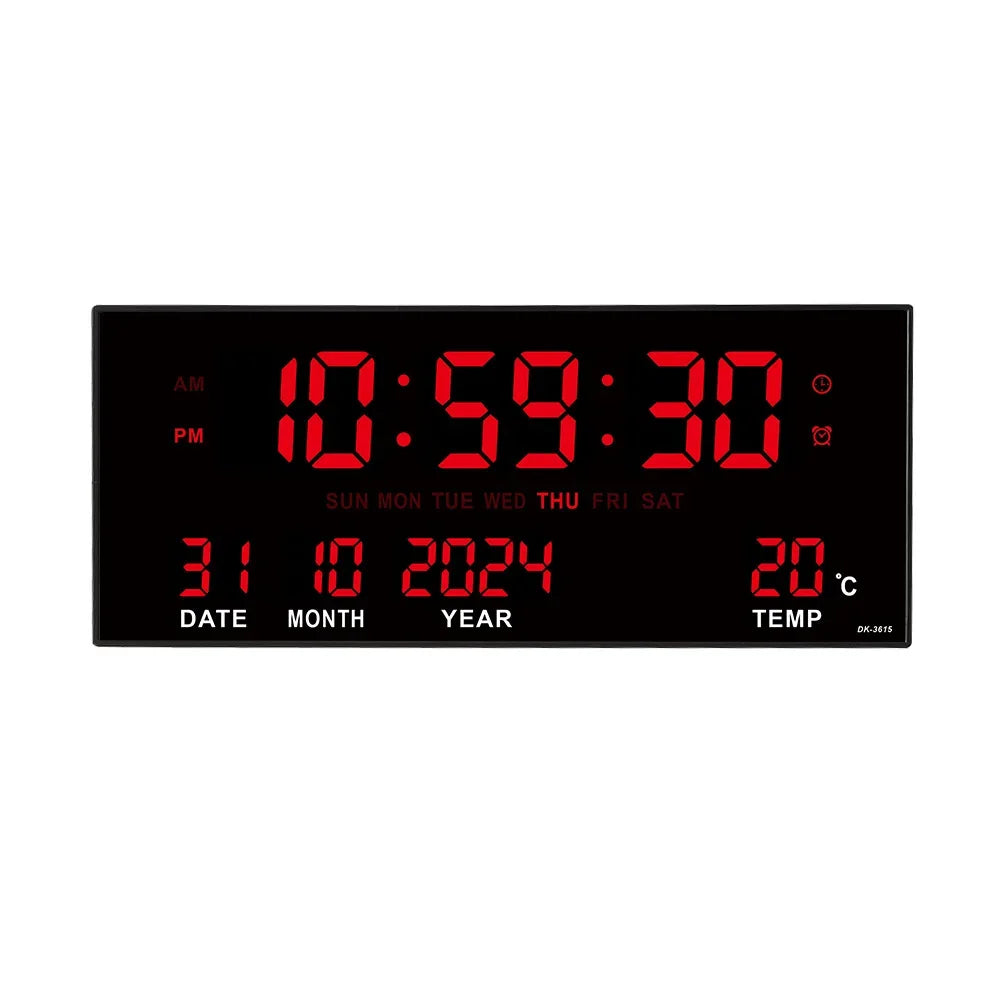 Large Digital Wall Clock with Alarm Temperature  Date Display - 14 LED Plug-In Clock