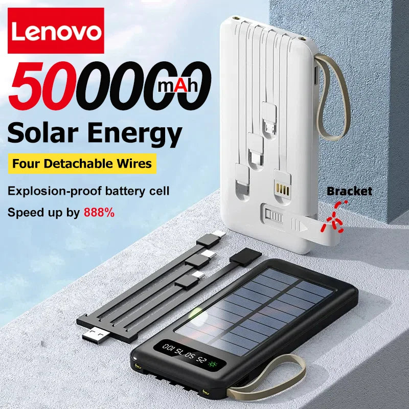 Lenovo Solar Power Bank 50000mAh Large Capacity Mobile Power Fast Charging Battery Dual USB 4 Cables For iPhone Samsung