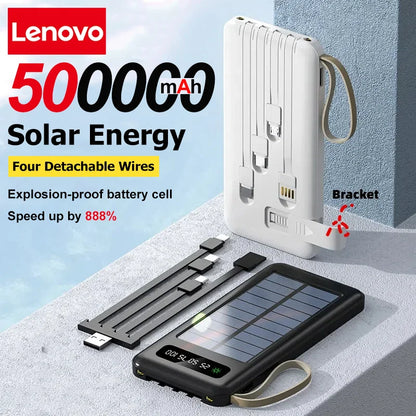 Lenovo Solar Power Bank 50000mAh Large Capacity Mobile Power Fast Charging Battery Dual USB 4 Cables For iPhone Samsung