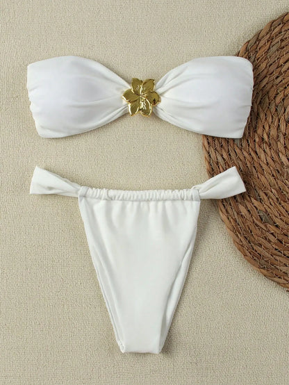 Bandeau Push-Up Bikini - Sexy Two Piece Swimsuit with Brazilian Thong & Button Detail