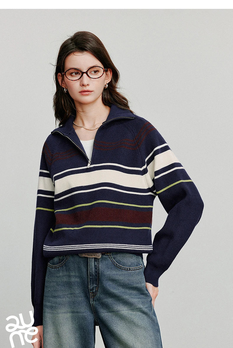 TOYOUTH Women Knitted Sweater 2026 Autumn New Fashionable Style Striped Zipper High Collar Woolen Pullover Sweater Tops