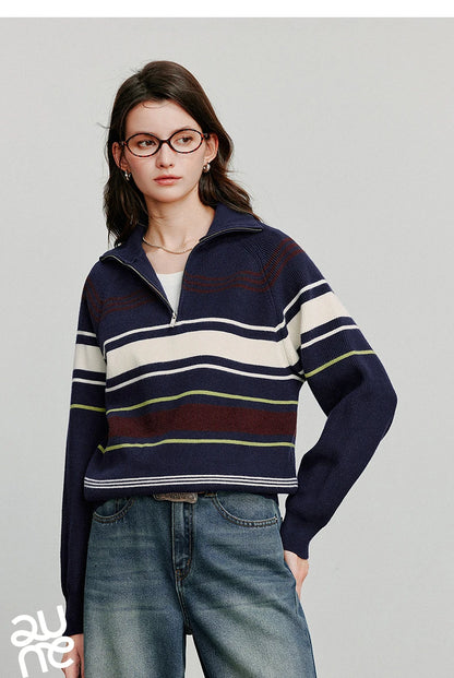 TOYOUTH Women Knitted Sweater 2026 Autumn New Fashionable Style Striped Zipper High Collar Woolen Pullover Sweater Tops