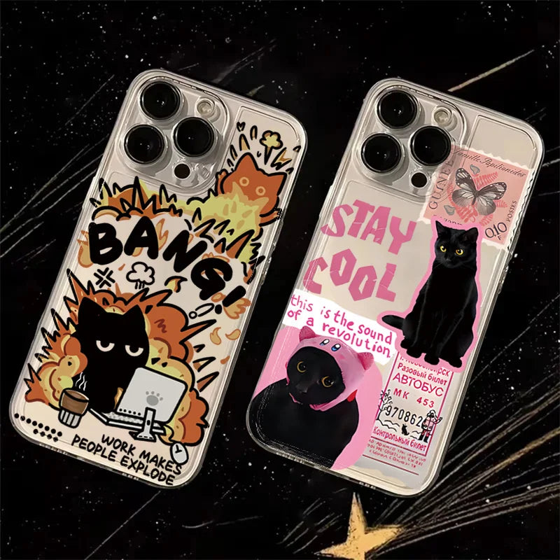 Creative Label Black Cat Transparent Phone Case for Samsung Galaxy S26 S25 Ultra S24 Plus S23 FE S22 A16 A15 A34 A35 A55 Cover