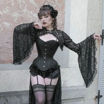 Lace Mall Gothic See Through Shrug Tops Grunge Aesthetic Black Flare Sleeve Crop Top Women Vintage Punk Sexy Clothing