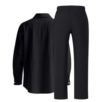 Men's Autumn Loose Trend Linen Solid Color Simple Lapel Long-Sleeved Shirt Beach Trousers Set