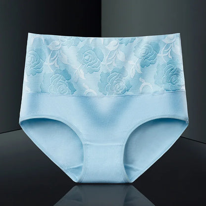 Plus Size L-5XL Women's Briefs Underwear Cotton High Waist Tummy Control Panties Rose Jacquard Ladies Panty Multipack