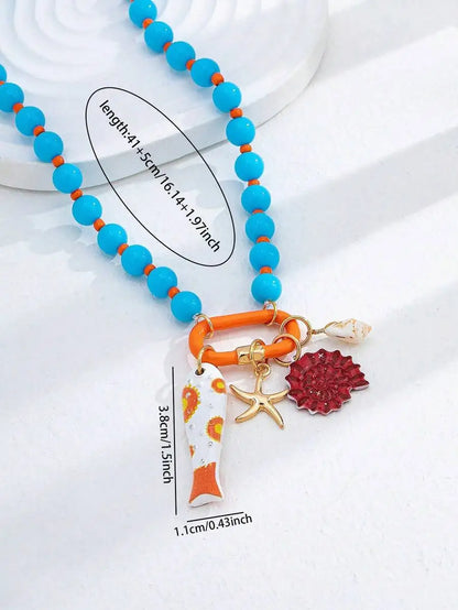 1pc Summer Beach Multi-Layer Resin Beaded Necklace, Colorful Fish & Starfish Charms, Boho Jewelry for Vacation & Beach Party