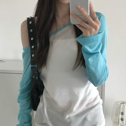 Y2K Clothing Patchwork T-shirt Women Aesthetic 2000s Skew Collar Long Sleeves Tops Autumn Vintage Harajuku Streetwear Tee Shirt