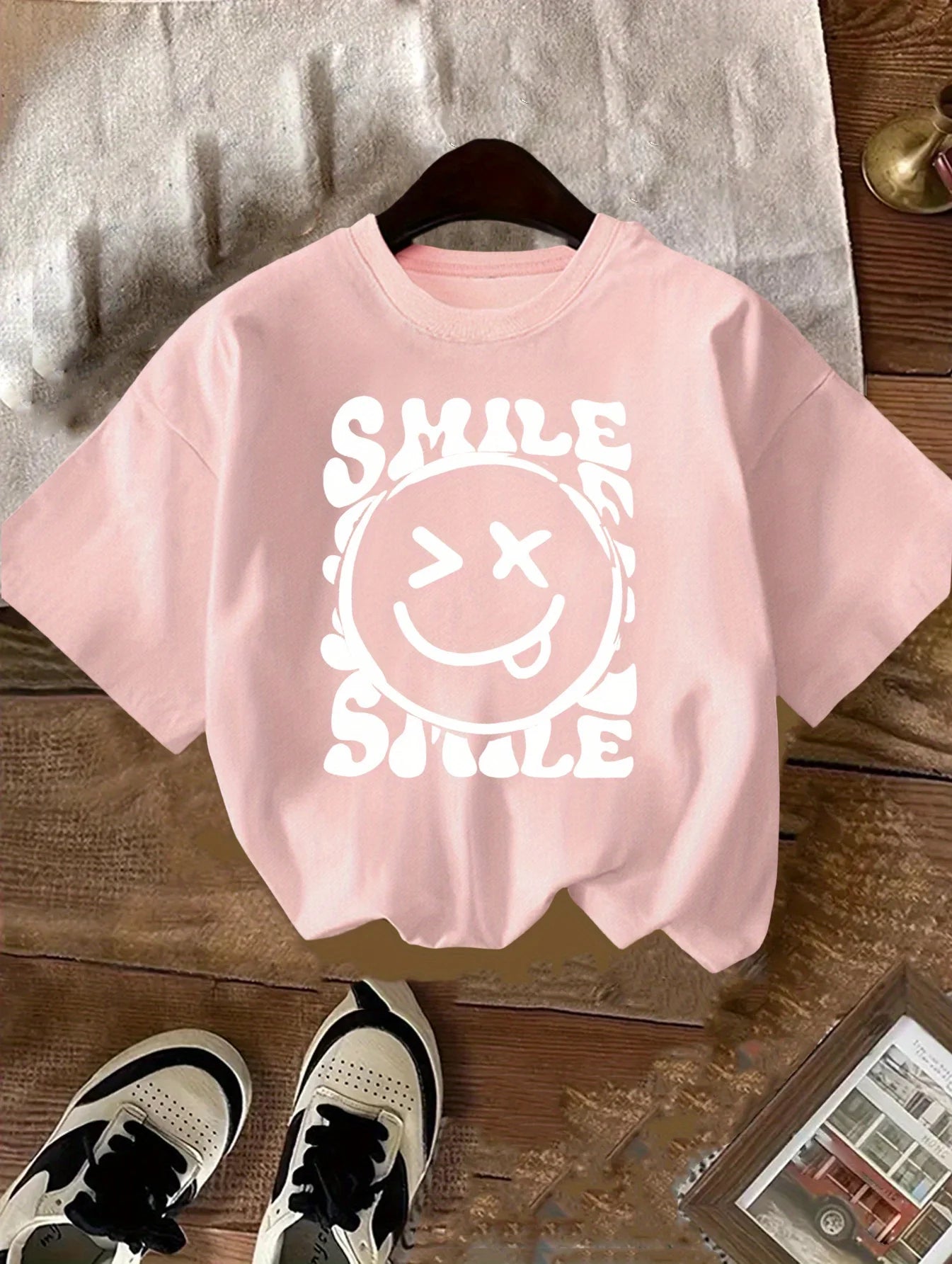 New 2026 Summer 100% Cotton Girls Round Neck T-Shirt, Cute Letter Smiley Print Breathable Casual Short Sleeve Tops