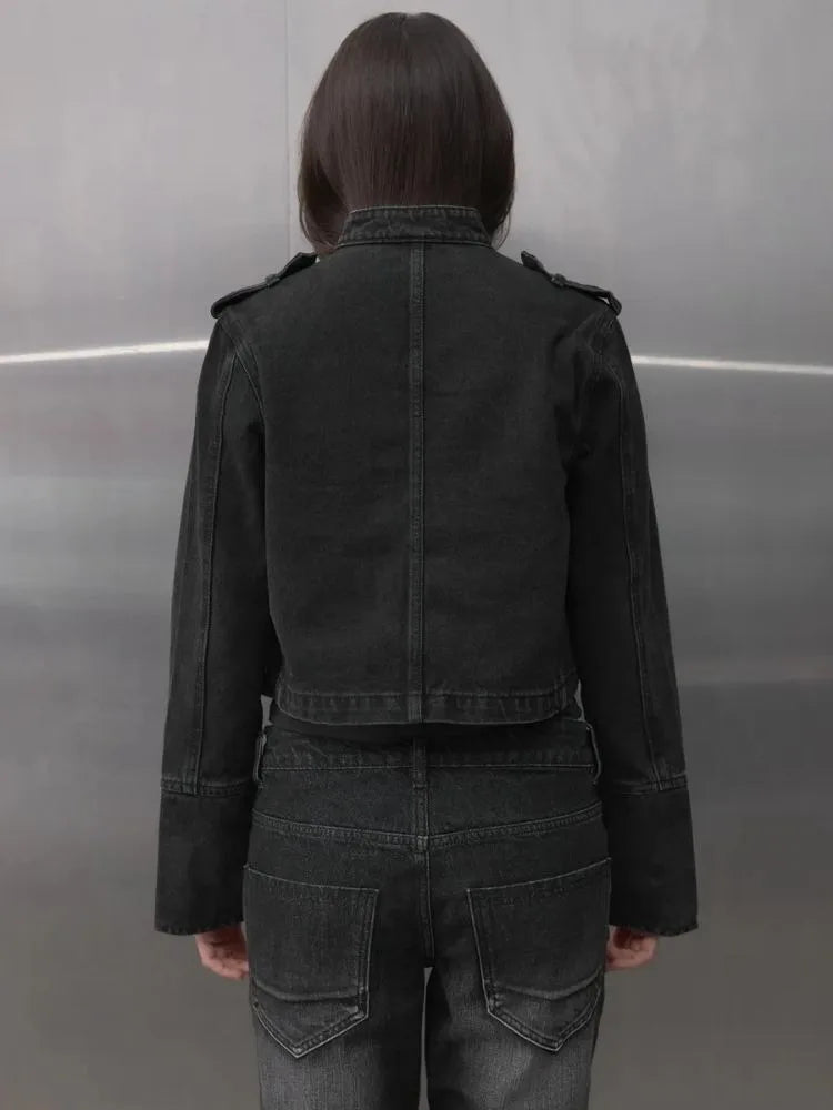 Y2K Retro Hussars Jacket Stand Collar Double Breasted Button Cropped Jacket Napoleon Old Money BLK Denim Jacket Women Boxy Coat