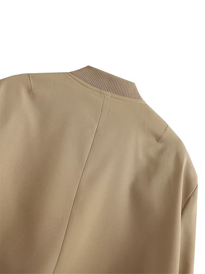 Women Bomber Jacket - Solid V Neck Single Breasted Polyester Coat With Pockets