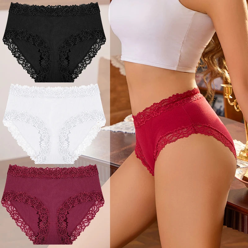 3PCS/Set Women Cotton Panties Lace Low Waist Briefs Trendy Patchwork Lace Intimate Underwear Stretch Comfortable Ladies Lingerie