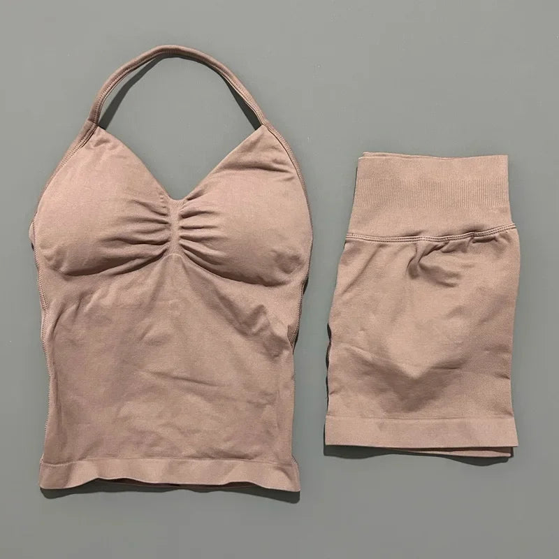 2Pcs HISTELLO Yoga Set Women Halter Tank Top Scrunch Butt Lifting Shorts Ruched Anti Chafe Quick Dry Gym Workout Sports Set