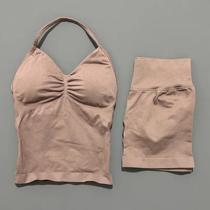 2Pcs HISTELLO Yoga Set Women Halter Tank Top Scrunch Butt Lifting Shorts Ruched Anti Chafe Quick Dry Gym Workout Sports Set