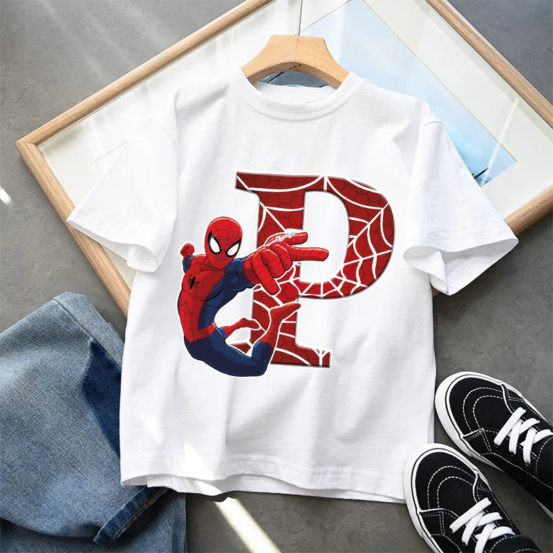 2026  New Children's Spider Man Cartoon Letter Printed T-shirt Cotton T-shirt Boys' Short Sleeved Top Children's Clothing